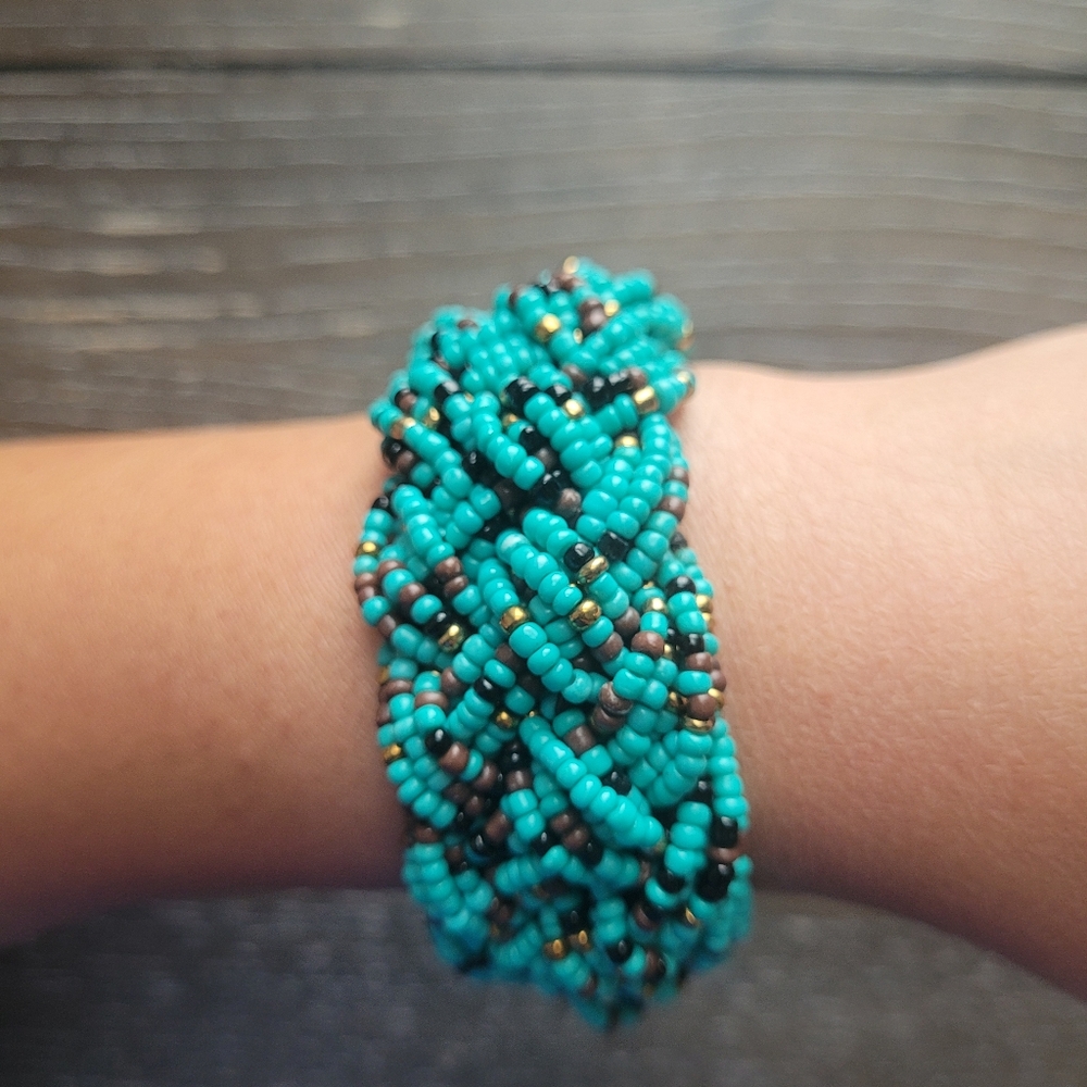 Turquoise, brown, and golden seed beads braided bracelet